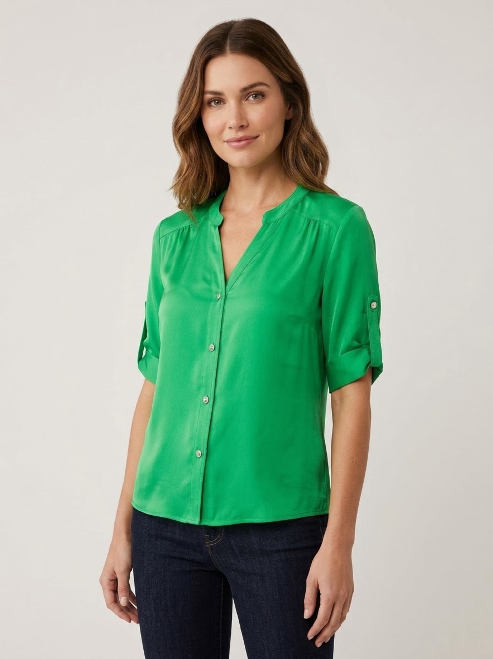 Amanda Uprichard Kelly Green 100% Silk V-Neck Roll-Tab Sleeve Blouse